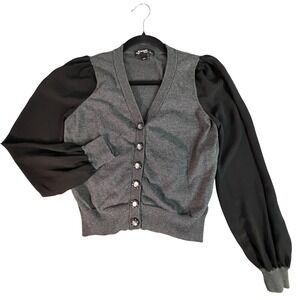 Womens Grey Knit Black Puff Sleeve Cardigan Sweater PM